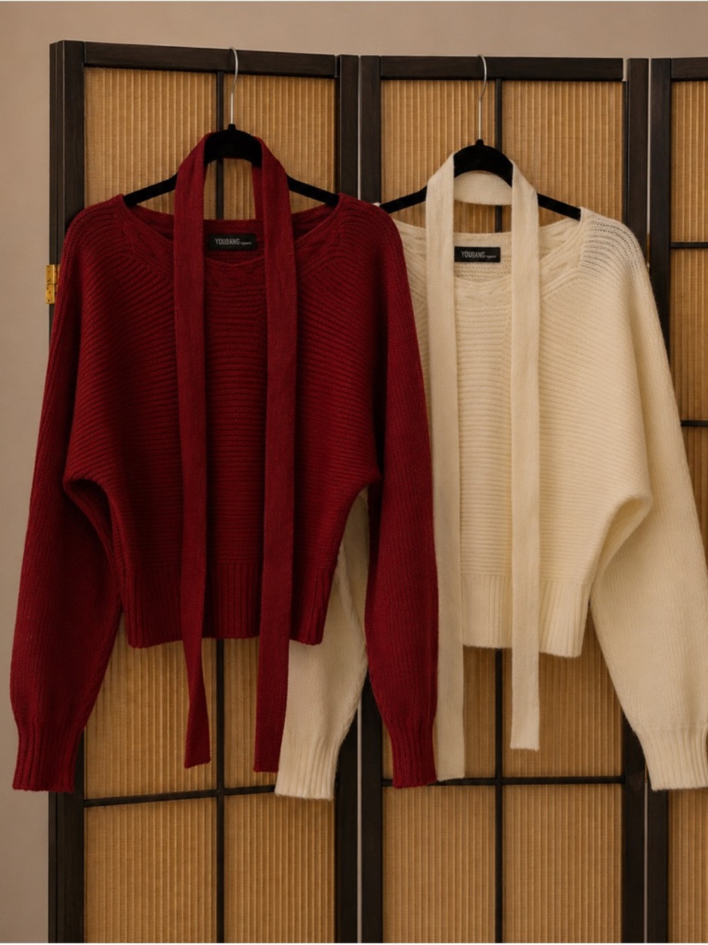 2-Piece Knit Sweater Set Red & Cream